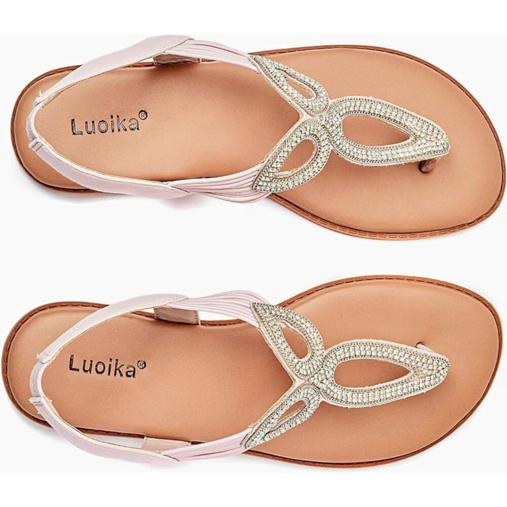 Women's Wide Width Flat Slides Sandals, Flip Flop Strappy Rhinestone Thong Sa...